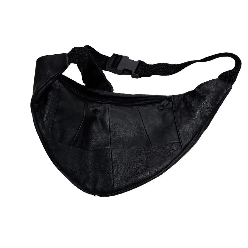 Vintage Leather Black Fanny Pack Waist Belt Bag Unisex Zipper 80s 90s
